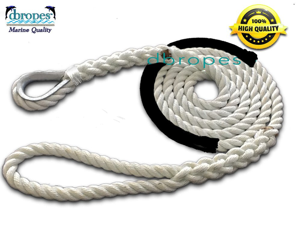 Premium Anchor Rope 100 ft x 3/8 inch, 3 Strand Nylon Anchor Line Boat Rope  Marine Rope,Boat Anchor Rope with Thimble & Shackle - White