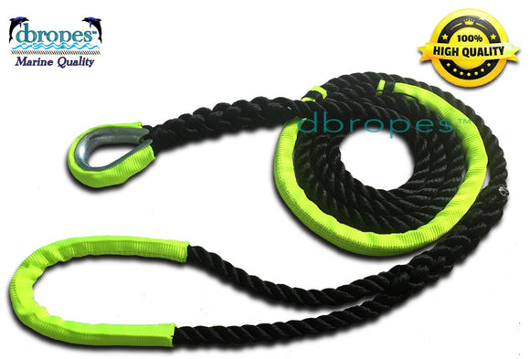 NEW: 3 Strand Mooring Pendant Premium 100% Nylon Rope Black 1/2' x 10' with 3 Chafe Guards and Stainless Steel Thimble (Tensile Strength 6400 Lbs.). FREE EXPEDITE SHIPPING - dbRopes