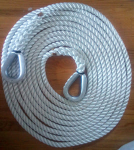 1" X 50' Three Strand Mooring Pendant 100% Nylon Rope with 2 Galvanized Heavy DutyThimbles. (Tensile Strength 25000 Lbs.) Made in USA. - dbRopes