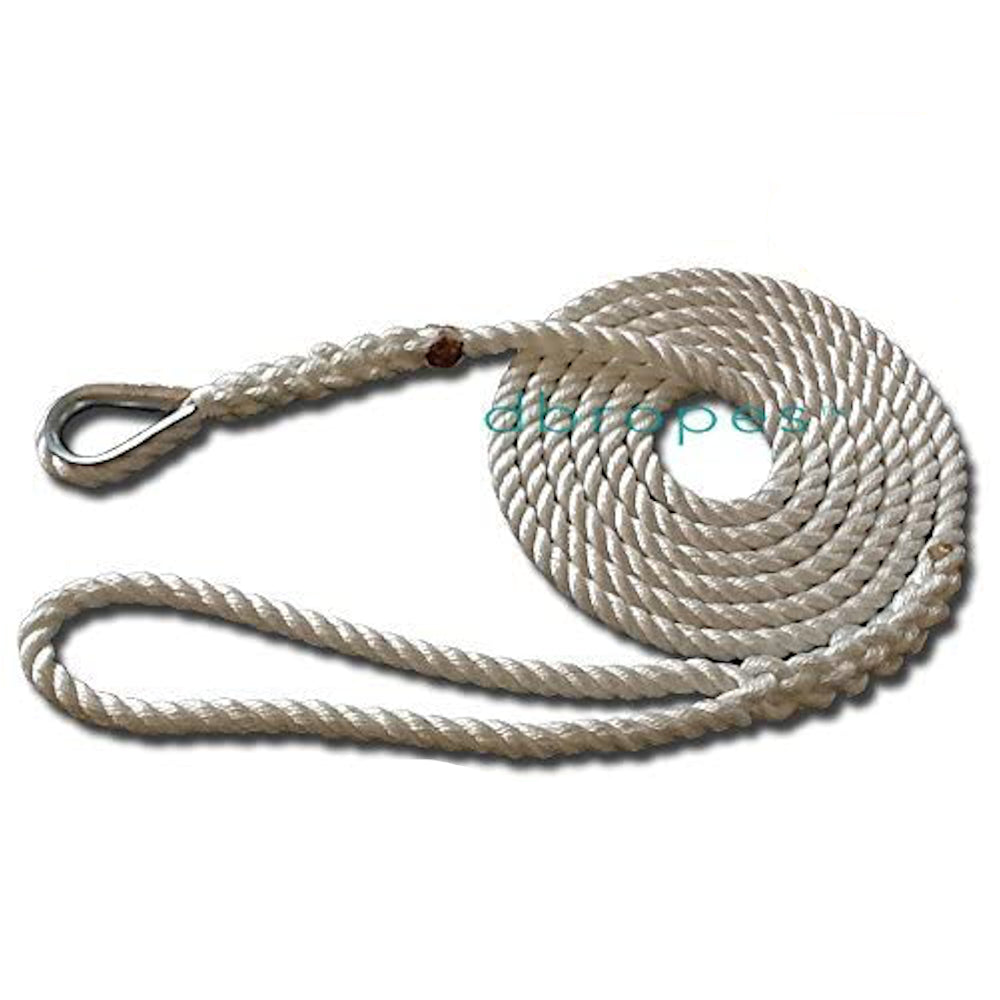 1/2 x 15' Three Strand Mooring Pendant 100% Nylon Rope with Thimble. (Tensile Strength 6.400 lbs.) Made in USA. Free Expedited Shipping